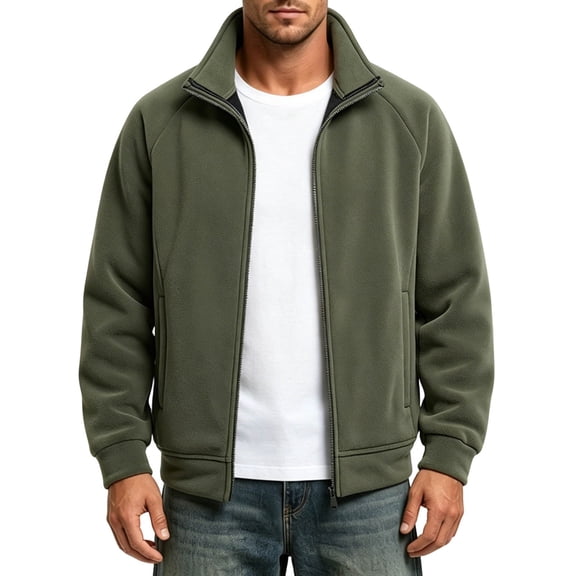 IROINNID Men's Full Zip Fleece Jacket Stand Collar Casual Winter Warm Outerwear Raglan Sleeve with Side Pockets Lightweight Soft Cozy Everyday Top