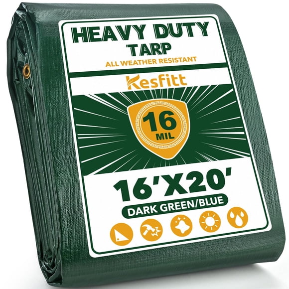 Kesfitt Tarp Heavy Duty Waterproof 16x20FT 16 Mil Thick Tarps Tear&Fade Resistant UV Resistant Poly Tarp Cover with Grommets and Reinforced Edges for Outdoor Camping Pools Boat Car(Green/Blue)