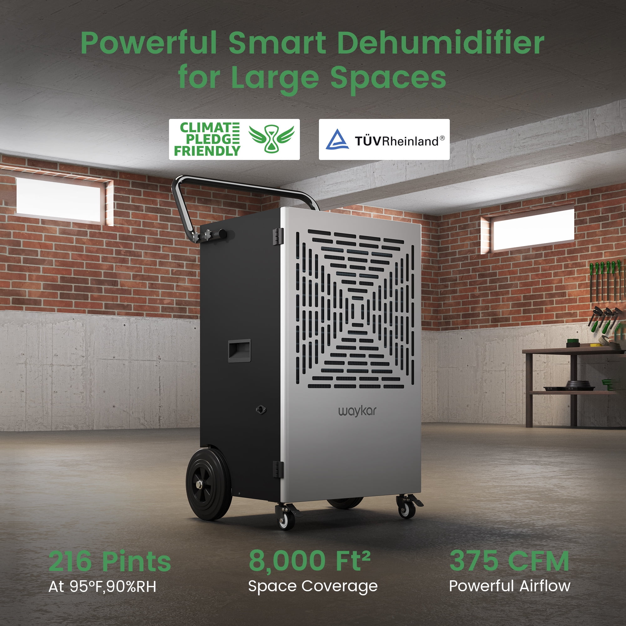 Waykar 72 Pints Commercial Dehumidifier for Large Spaces up to 8000 Sq.Ft with Pump, Smart Humidity Control, Auto Defrost, 24H Timer - for Basements, Warehouses, Home, Office