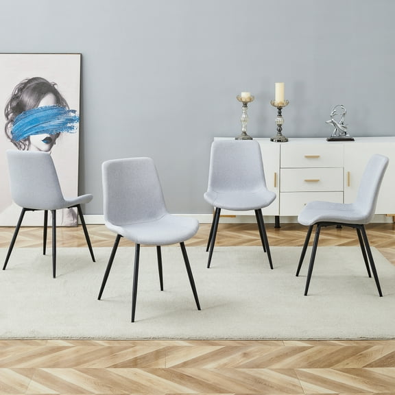 Modern Linen-Cotton Dining Chair Set, Integrated Seat and Backrest, Curved Widened Cushion Design, Set of 4, Light Gray   Black