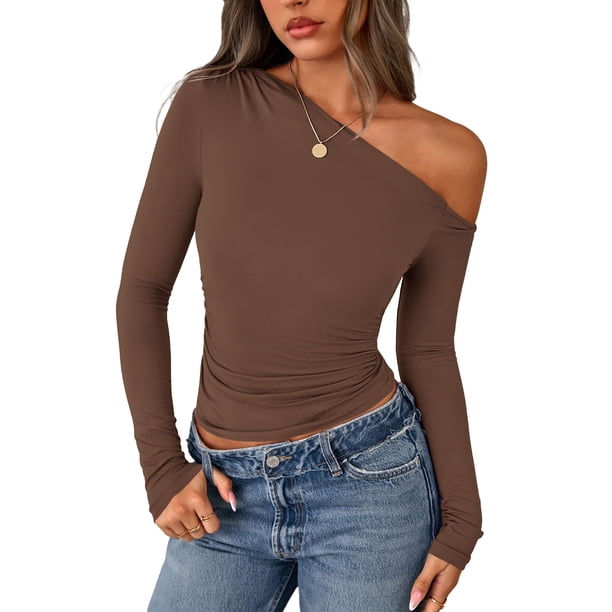 Camisa PRETTYGARDEN Mujer Manga Larga Marrón con Hombros Descubiertos