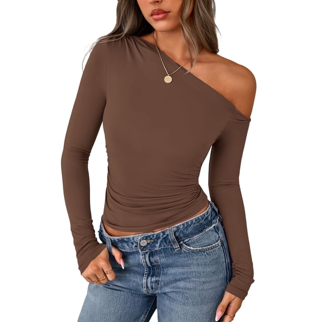 Blusa PRETTYGARDEN 2025 Marrón Hombros Descubiertos Manga Larga XL