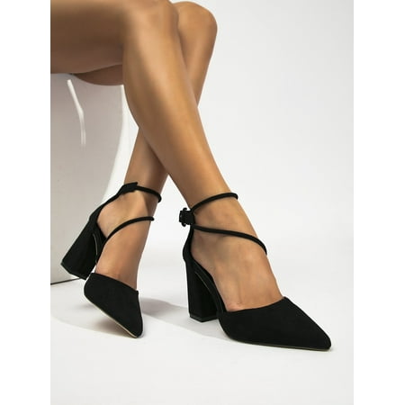 

Faux Suede Point Toe Chunky Heeled Ankle Strap Pumps Women‘s Footwear