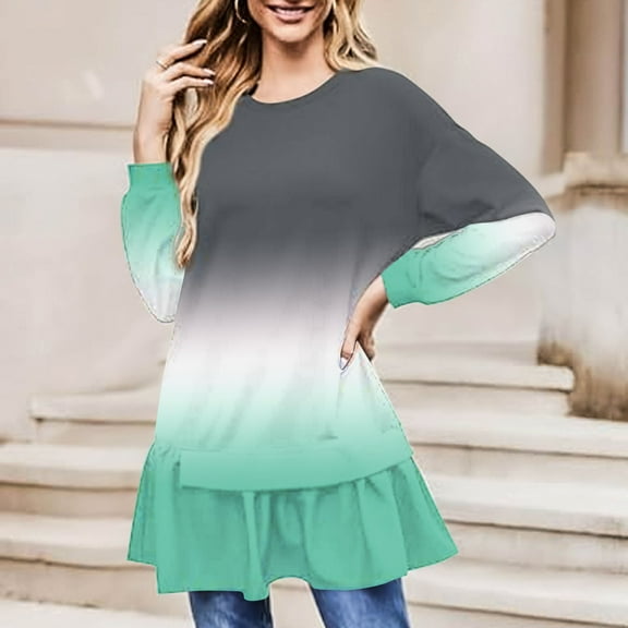 Neewe Fall Dresses for Women Casual Printed Tshirt Long Sleeve Ruffle Sundress Beach Cover Ups