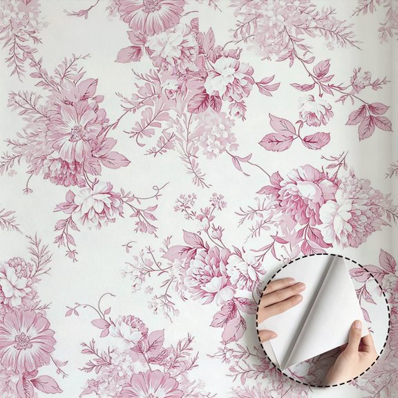 Pink Watercolor Floral Wallpaper Vintage Farmhouse Boho Peel and Stick Wallpaper Waterproof Home Decor for Bedroom Living Room Bathroom Kitchen Cabinet Drawer Dorm Room 17.7 * 78.5 in
