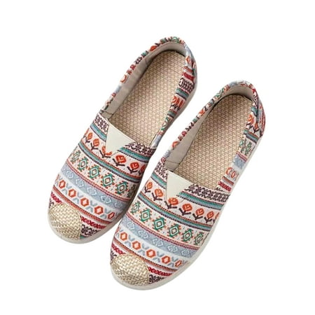 

Welliumy Ladies Loafers Floral Flats Slip-On Canvas Shoes Driving Casual Shoe Work Non-slip Striped Espadrilles Ethnic Red 7.5