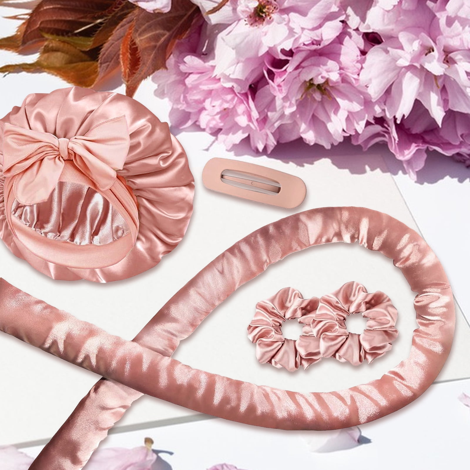 GIRACOA 5 PCS Heatless Hair Curler Set, No Heat Satin Ribbon Curling Rod with Two Satin Scrunchies, A Hair Clip and A Bonnets