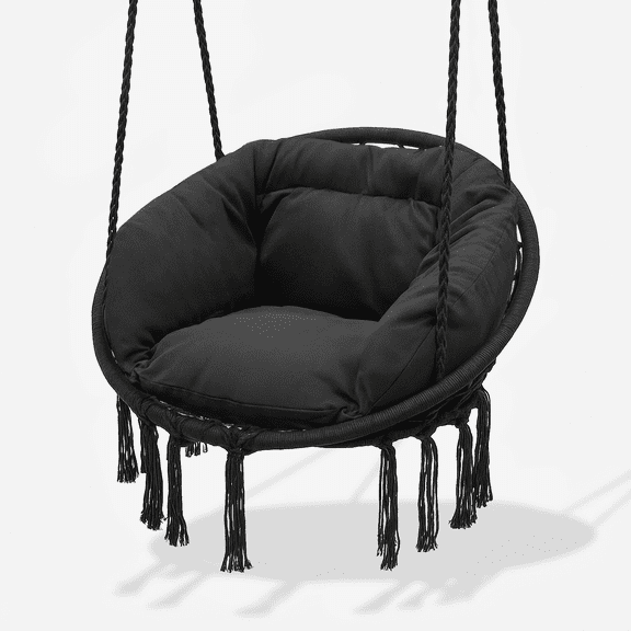 OSM Macrame Hanging Hammock Chair with Full Cushion, Indoor Outdoor Porch Swing Chair for Adults, 350 Lbs Capacity, Comfortable Hanging Seat for Living Room Bedroom Balcony, Black