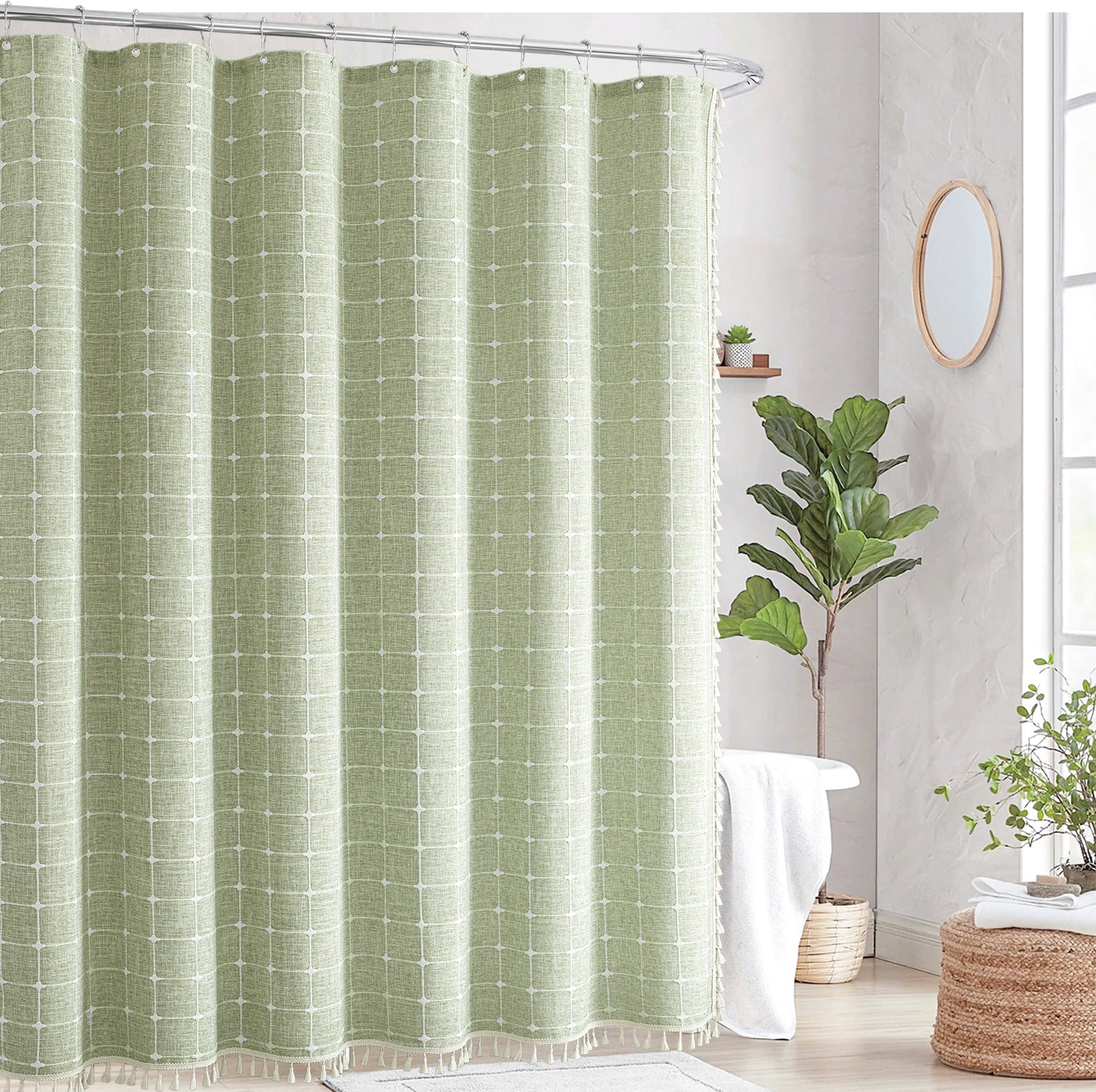 Lipa Boho Farmhouse Shower Curtain,Rustic Linen Blend Grid Shower Curtain with Tassels,Bathroom Shower Curtain with 12 Hooks,Green,72" x 72"