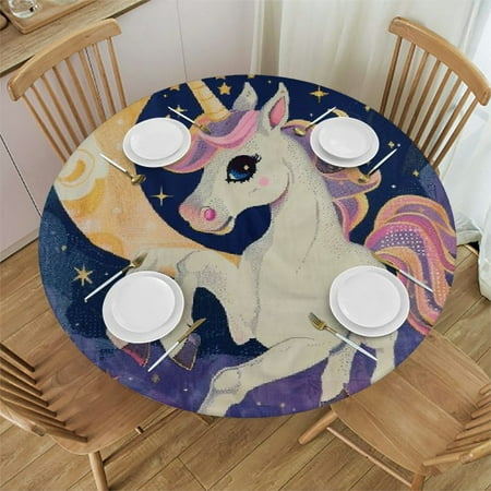 

Patifu Unicorn Stars Crescent Round Table Cover Stain Resistant Washable Indoor Outdoor Tablecloth Kitchen Dining Wedding Parties 100% Polyester Fiber 54-58