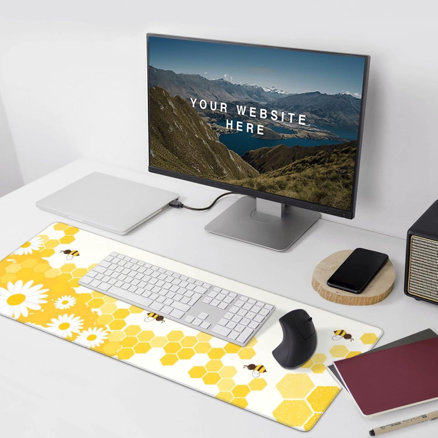 Honeycomb Gaming Mouse Pad XL, Extended Stitched Edges Mousepad, Large Mouse Mat Desk Pad, Long Non-Slip Rubber Base Mice Pad（35.5x16 Inch）