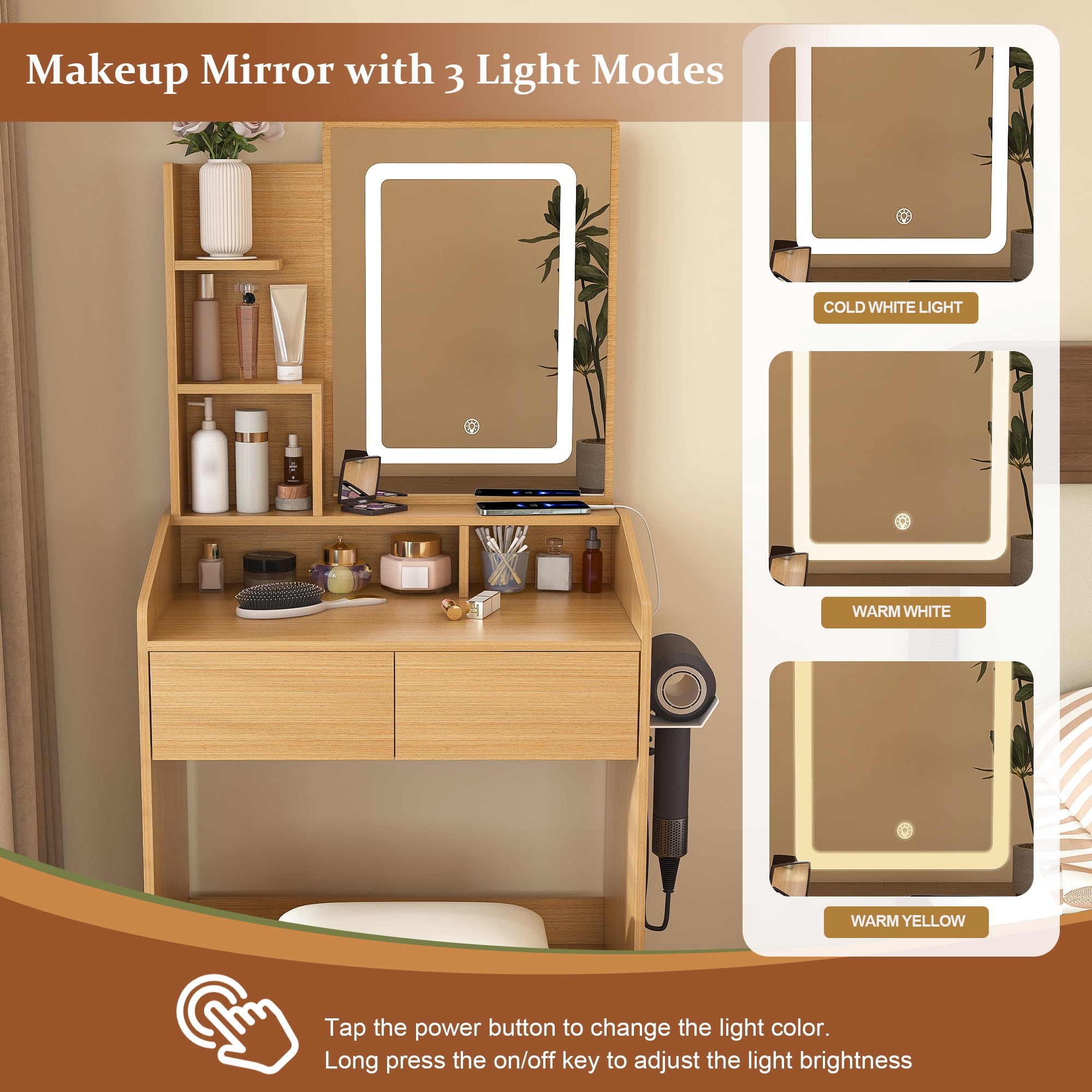 Jopath Makeup Vanity Table Set,Wood Dressing Table with Mirror and Lights,Power Outlet, Hairdryer Holder & Stool for Small Bedrooms