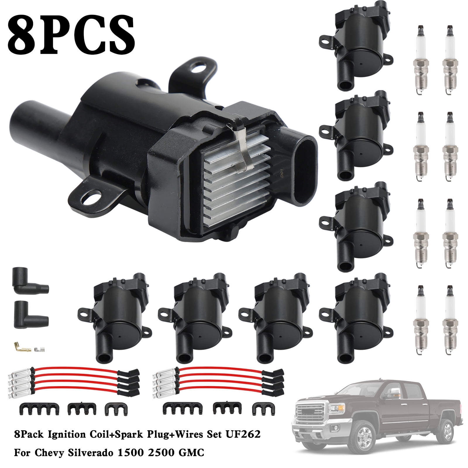 8Pcs Ignition Coil+Spark Plug+Wires Set UF262 For Chevy Silverado 1500 2500 GMC