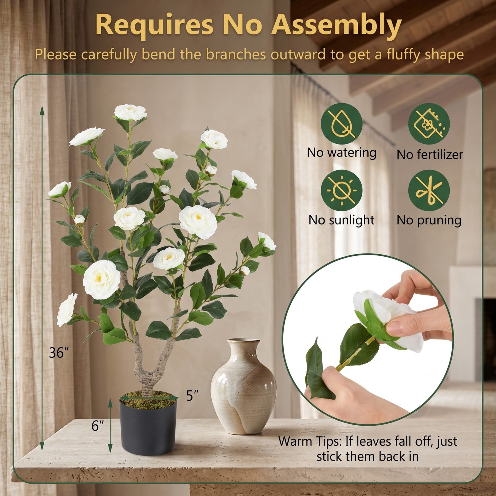 ALPULON 36 Inch Artificial Camellia Tree with Blooming Flowers, Set of 2 Faux Potted Camellia Plants with Cement-Filled Pots for Home Office Wedding Front Door, White