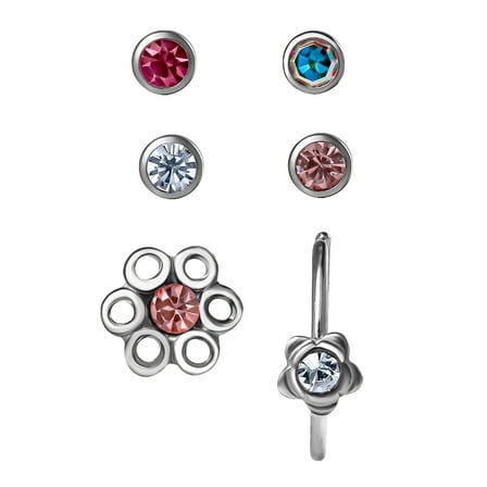 Body Jewelry Women's 16G Surgical Steel Crystal Flowers Nose Studs & Hoop in Pink, 6 Pack