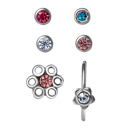 Body Jewelry Women's 16G Pink Crystal Flowers Nose Studs & Hoop, 6 Pack