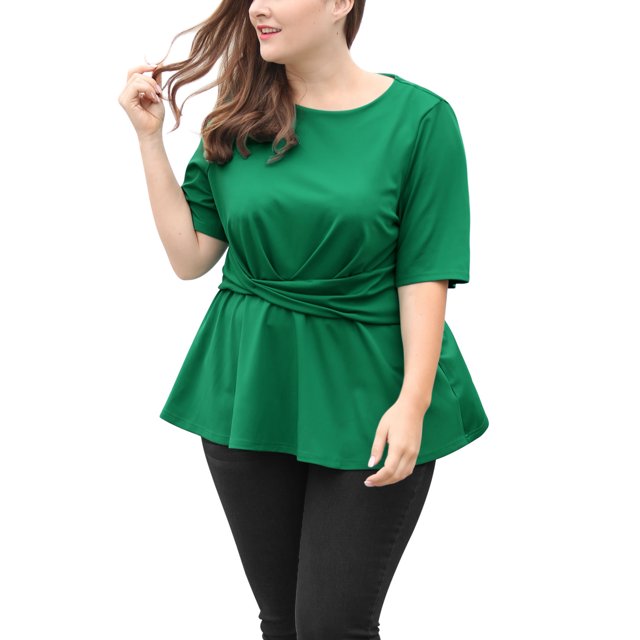 Haut Péplum Vert pour Femmes Grande Taille à Manches Courtes avec Nœud à l'Avant 3X