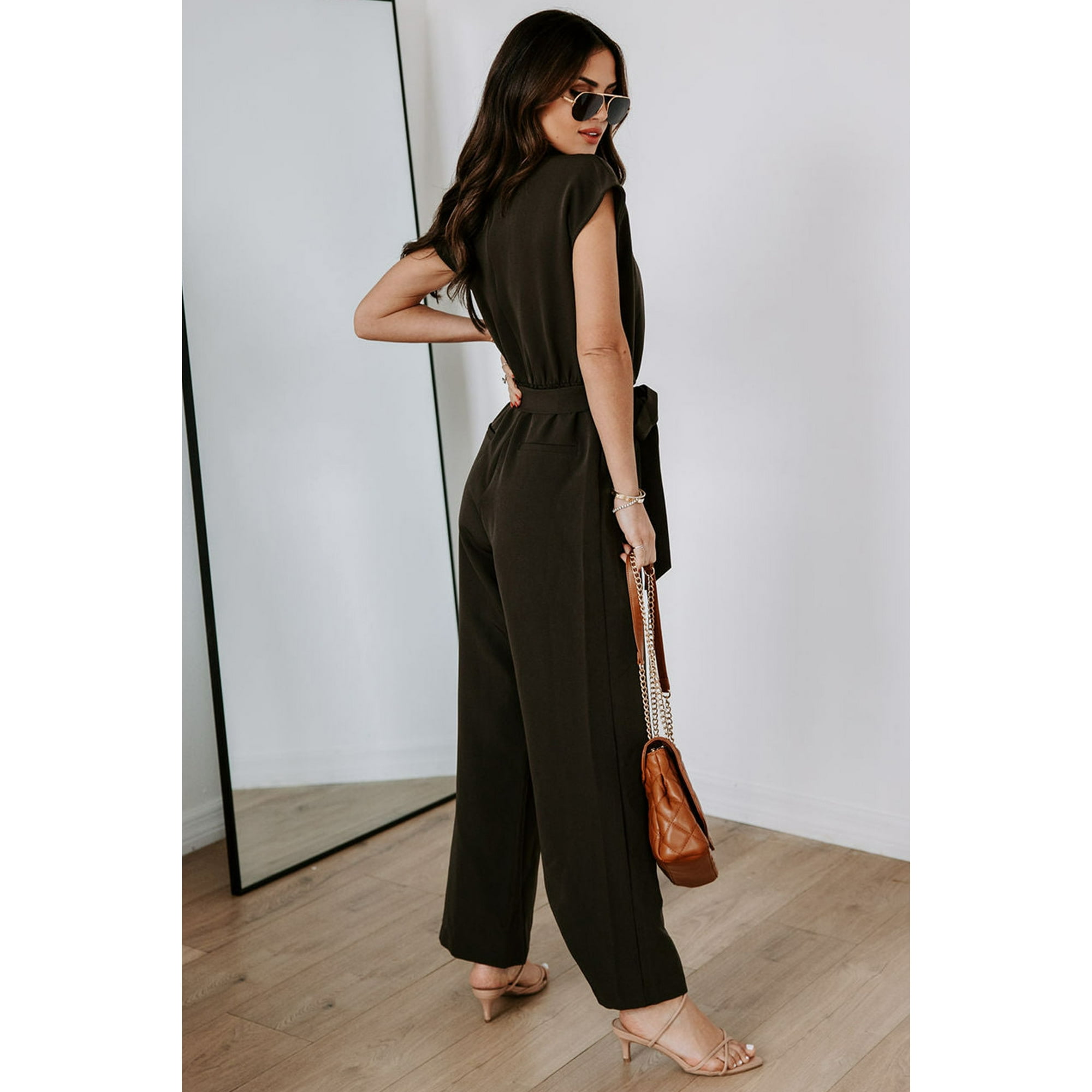 Women's Black V Neck Pocketed Tie Waist Wide Leg Jumpsuit