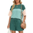 thumbnail image 3 of Fantaslook Color Block Two Piece Sets for Women Texture Crew Neck Short Sleeve Tops and Shorts Outfits Loungewear with Pocket, 3 of 8