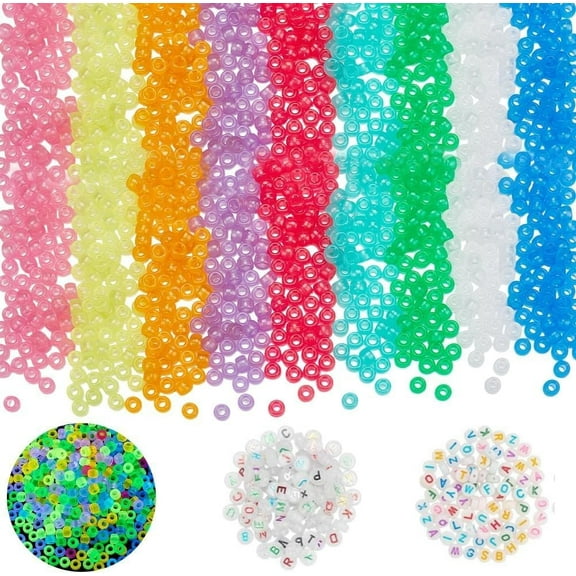About 1100 Pcs Pony Beads Glow in The Dark 9 Colors Acrylic Beads with 8.2 Yards Clear Elastic Thread for DIY Friendship Bracelet Jewelry Key Chain or Hair Braids Decor
