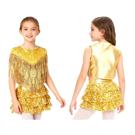 Aislor Girls Rumba Dance Outfit 2 Piece Set Sleeveless Sequined Fringe Top and Skirt Gold 14