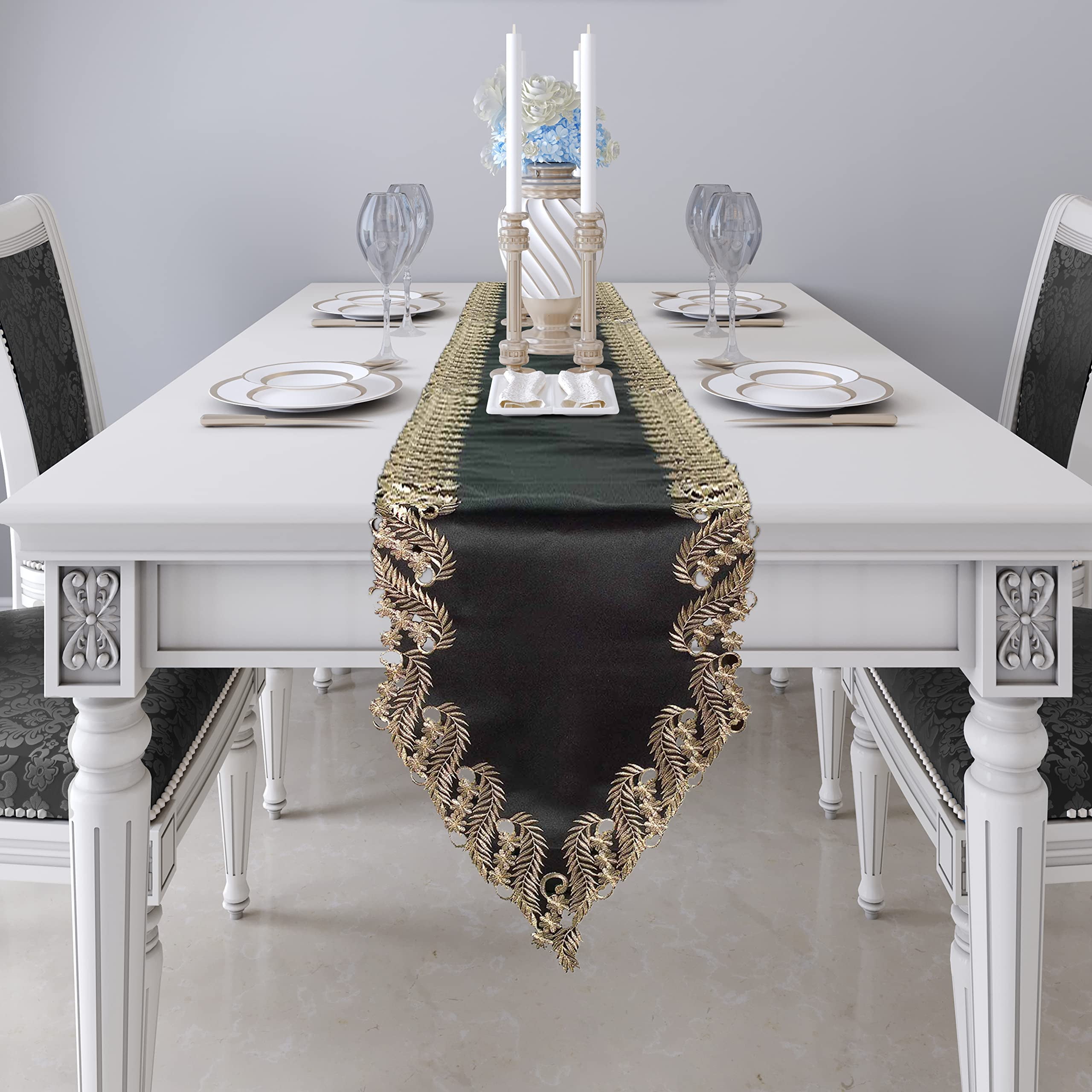 Gold Lace Black Table Runner - Dresser Scarf European Embroidery - Perfect for Fall Autumn Thanksgiving Kitchen Dining Room Home Decor Wedding Receptions - 14 x 108 inches - The Anyce Collection