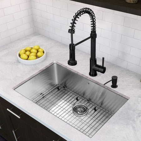 Vigo 30 Inch Undermount Single Bowl 16 Gauge Stainless Steel Kitchen Sink With Edison Matte Black Faucet Grid Strainer And Soap Dispenser
