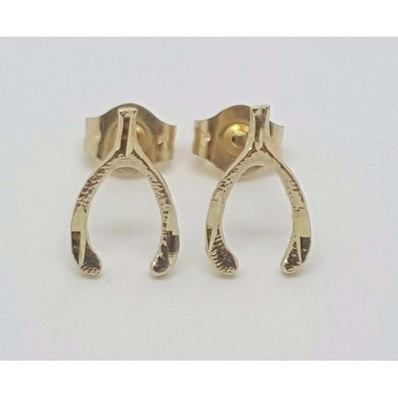 14k Solid Yellow Gold Wishbone Good Luck Stud Earrings Push Back 9MM