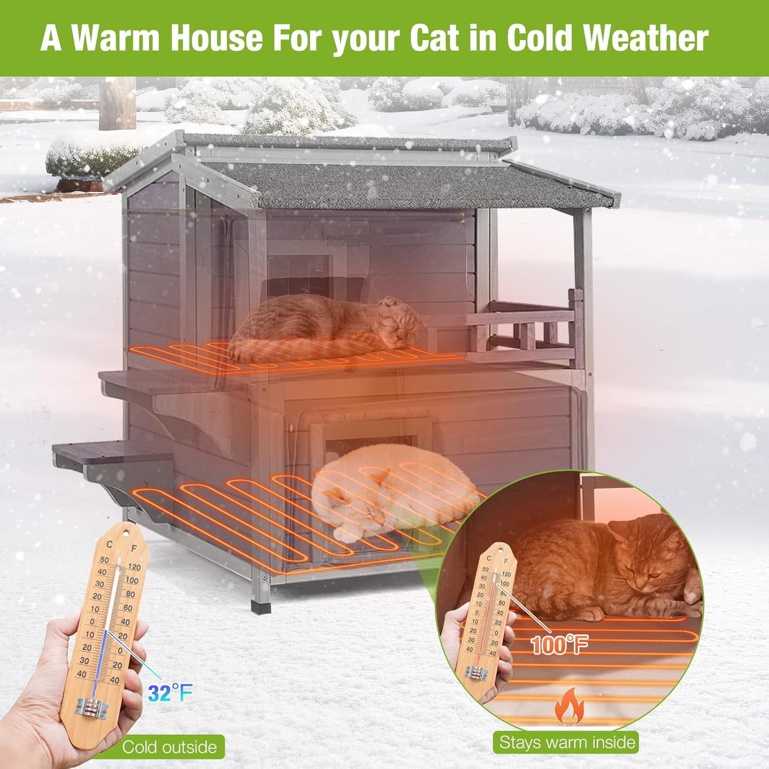 MEDEHOO Heated Cat House for Outside, 2-Story Wooden Cat House Weatherproof for Winter Outdoor Feral Cat Shelter with Heater and Insulated Liner