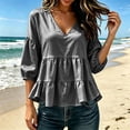 thumbnail image 2 of Loopsun Womens 3/4 Sleeve Fall Tops Fashion Solid V Neck Ruffle Puff Sleeve Shirt, 2 of 5
