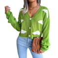 thumbnail image 2 of Women'S Casual Elegant Cloud Print Cropped Button Front Long Sleeve V Neck Knit Cardigan Green S, 2 of 10