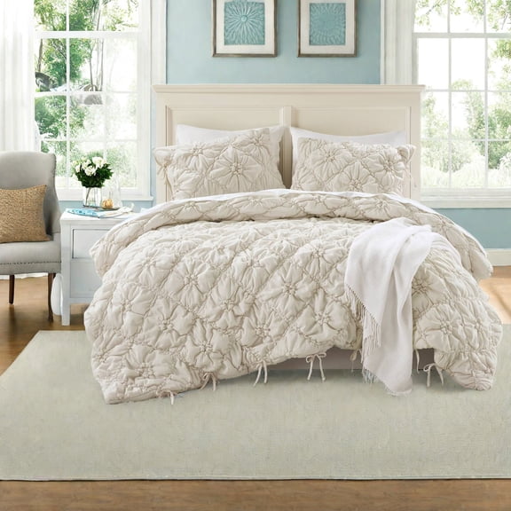 Luxurious Ivory Bedding Sets Microfiber Comforter with Floral Design Full/Queen Size for AllSeason Use