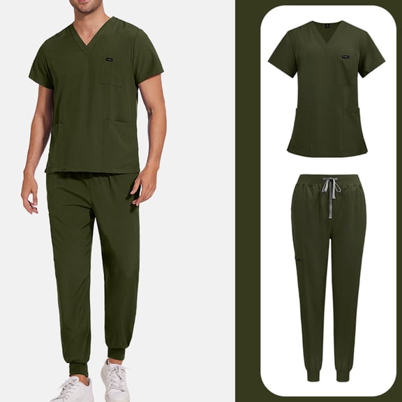 Scrubs for Men Set – Medical Uniform, Binding Top and Drawstring Pants Mens Scrub Sets Army Green XL