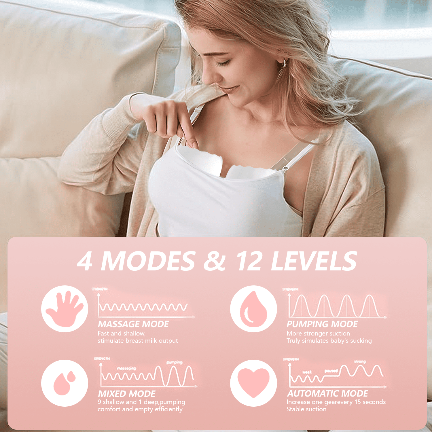 Yadala Breast Pump, Hands Free Breast Pump Portable Electric Breast Pump with 4 Modes & 12 Levels, 2 Pack, Pink