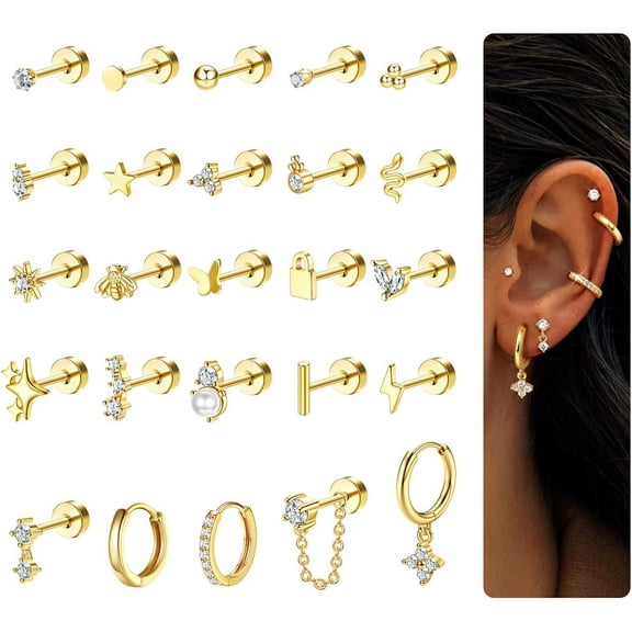 25Pcs Earrings Women Hypoallergenic Surgical Steel Earrings Earrings Tragus Earrings Helix Cartilage Earrings Silver Gold Conch Daith Tragus Piercing Flat Back Top for Stud Hoop Set[r561]