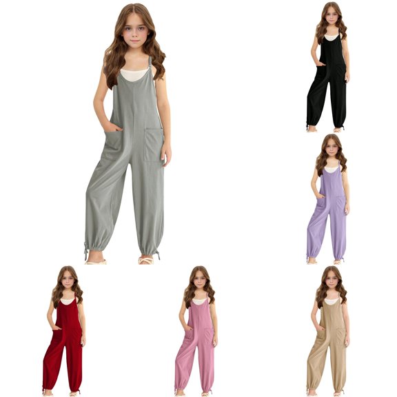 TinyBloomm Jumpsuit Girls Girls Sleeveless Jumpsuit With Adjustable Spaghetti Straps And Side Pockets Casual Summer Romper For Big Kids And Comfortable Pull On Play Outfit, Size 7-8 Years