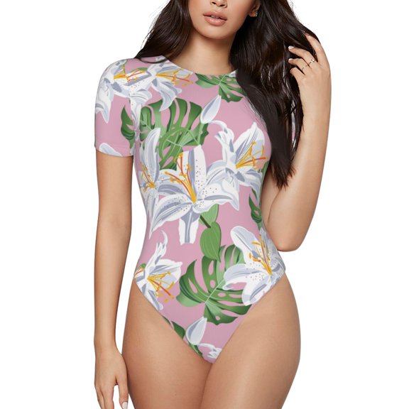 Haiem Lilies Flowers Women's Crew Neck Short Sleeve Bodysuit Tops Stretchy Slim Basic-Large