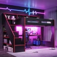 thumbnail image 5 of Harper & Bright Designs Full Size Gaming Loft Bed with Desk and Storage Stair, Wood Loft Bed Frame with LED Light, USB Port and Open Headboard Shelves for Boys Girls, Black & Red, 5 of 16