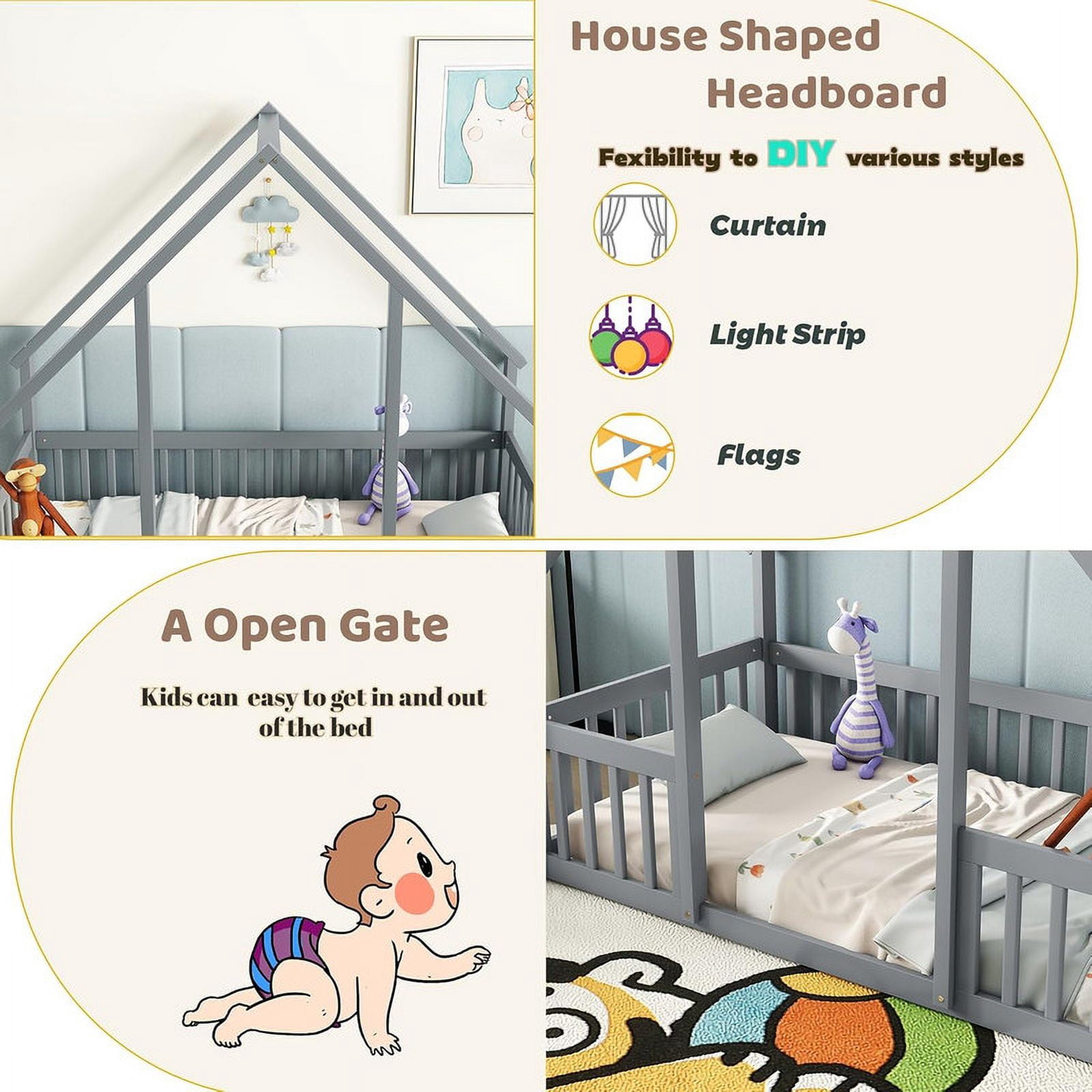 Mirightone Twin Size House Floor Bed Frame with Triangular Roof and Fence Rails, Wooden Floor Bed Frame for Girls,Boys, Montessori Floor Bed, Easy Assembly（Grey）