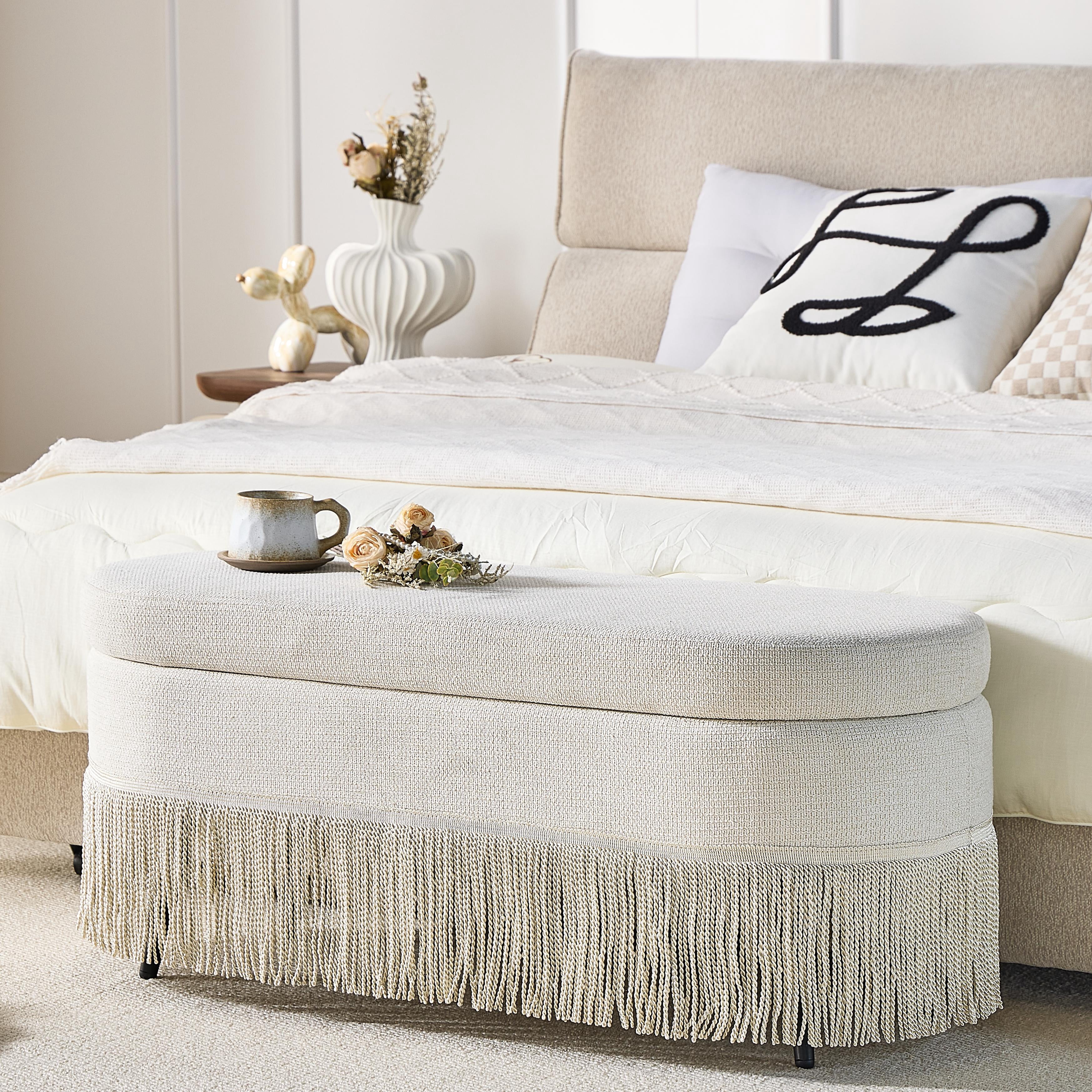 Mintazer 39.4" Oval Storage Ottoman with Tassel Trim, Linen Upholstered Bench with Hidden Storage for Bedroom Living Room, Beige