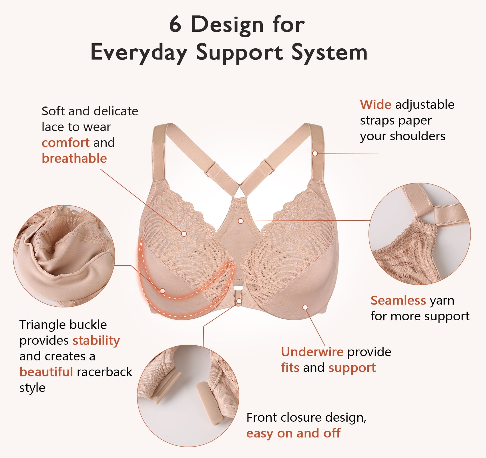 Exerin Racerback Full Figure Underwire Women's Front Close Bra Seamless Unlined Bra(Beige,38D)