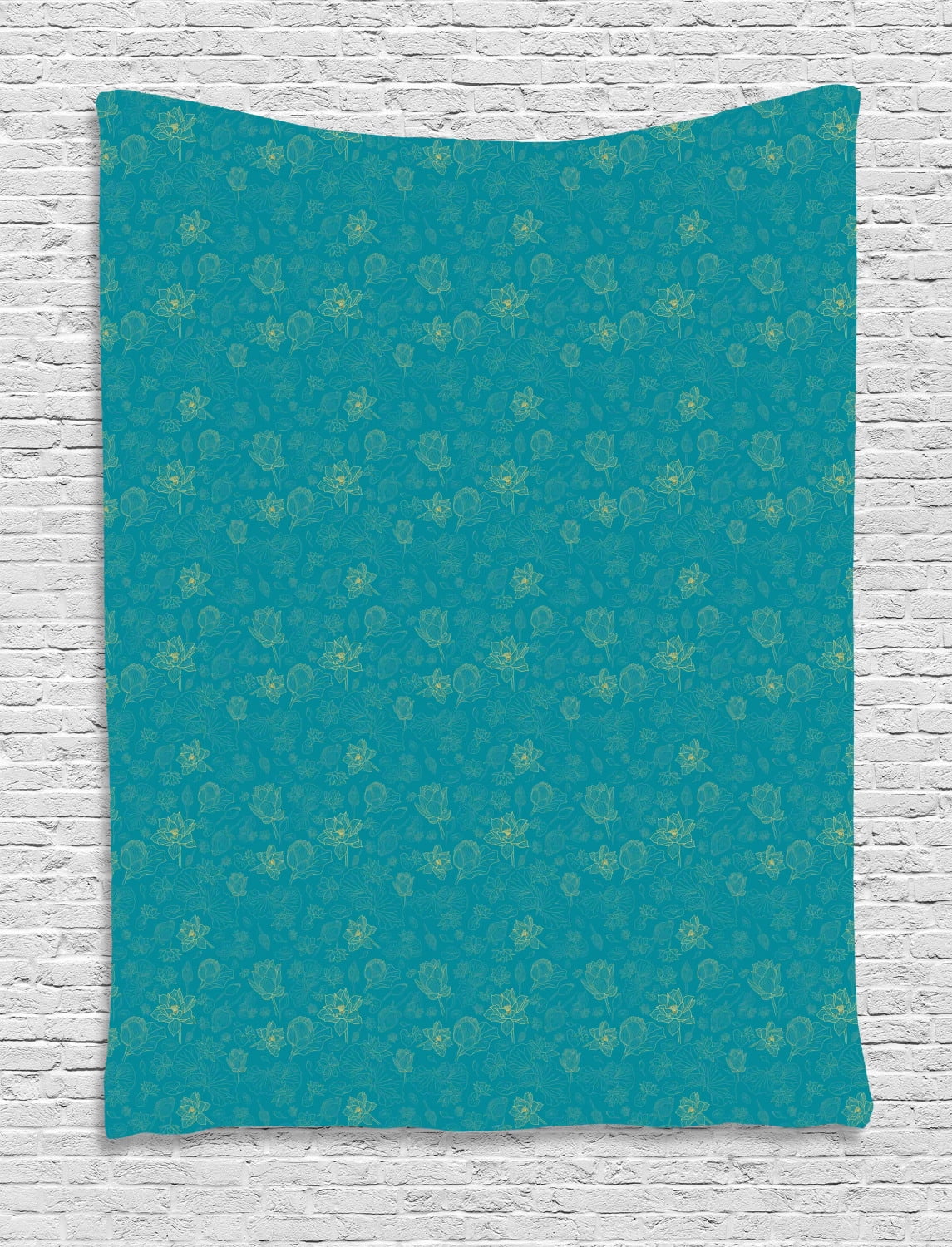 Floral Tapestry, Outline Lotus Flowers and Leaves Pattern Romantic Petal Damask, Wall Hanging
