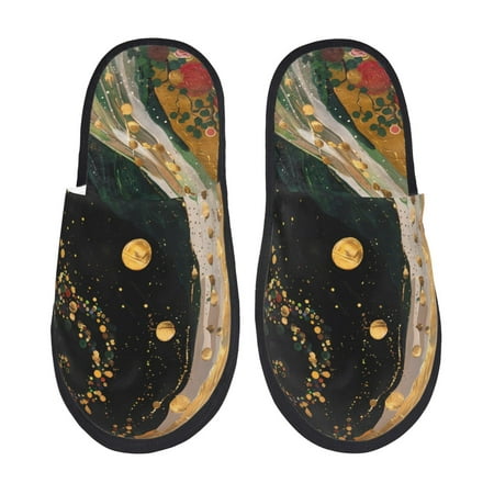 Balery Abstract Gold Floral Galaxy Slient Indoor Furry Fleece Comfort House Shoes Soft Non-Slip Home Shoes Cotton slippers House Slippers-- Large