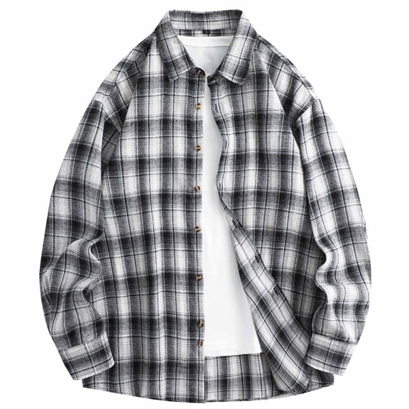 Uaswgudfs Men's Vintage Plaid Button Down Long Sleeve Shirt Casual Loose Fit Top, Retro Shirt, Fall Winter Outfit Black L