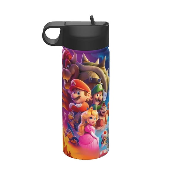 Saiise Mario Print Insulated Water Bottle with Straw,Sports & Travel Water Bottle 18oz Double Walled Stainless Steel,Reusable Thermal Water Bottle