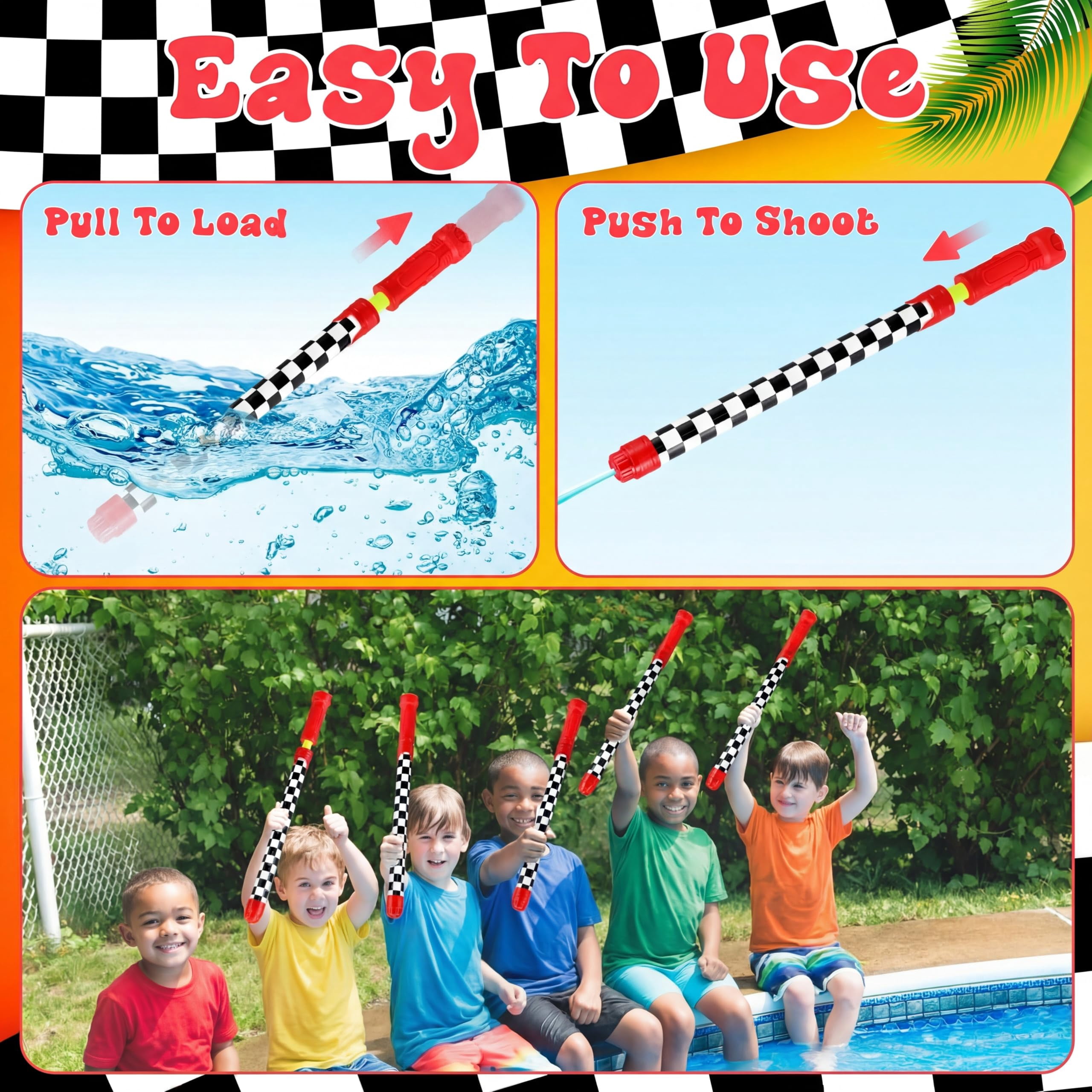 6 Race Car Water Blaster Shooters Black and White Checkered Summer Pool Beach Party Supplies