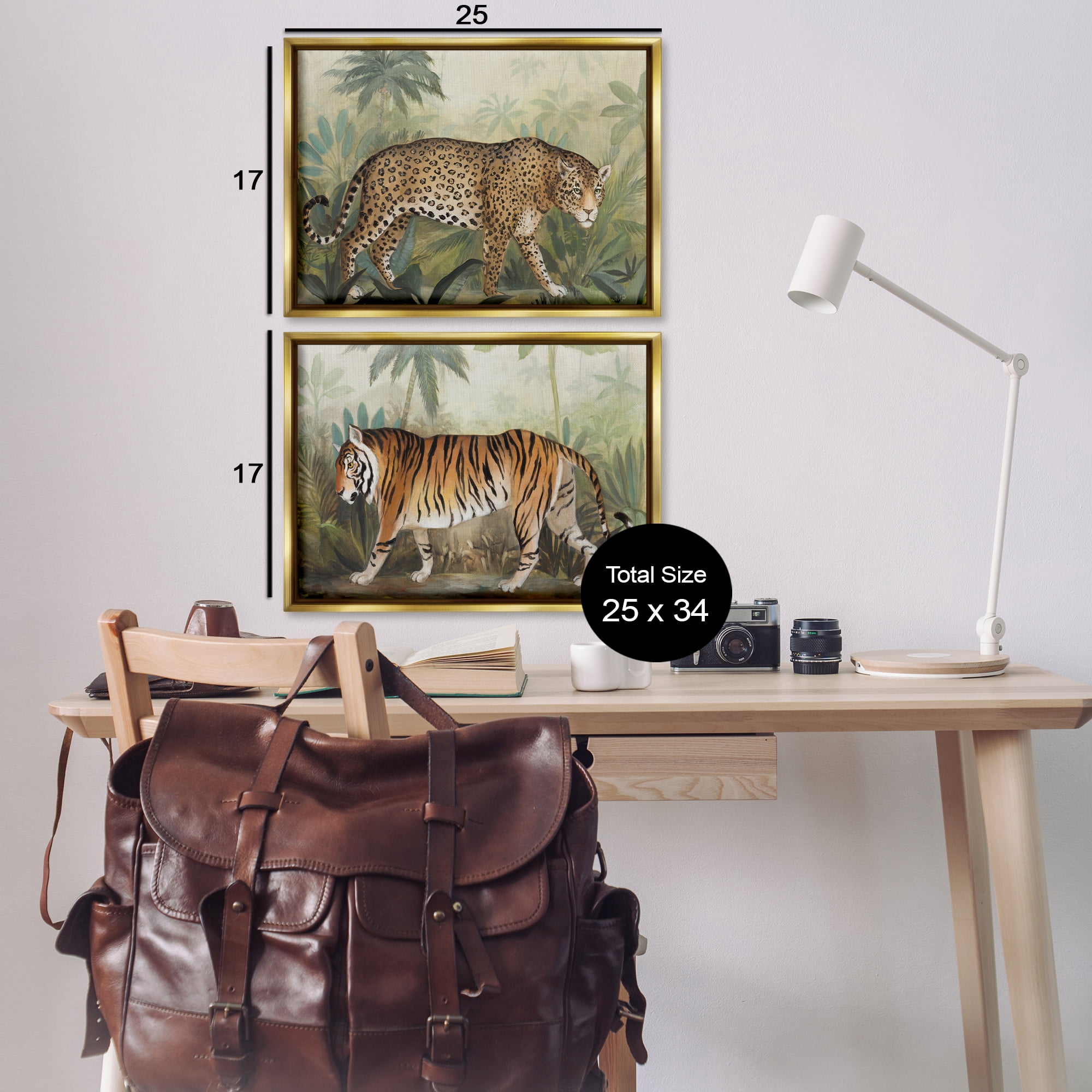 Stupell Industries Jaguar & Tiger Jungle Scene Animals Painting Gold Floater Framed Canvas Art Print Wall Art, 25 x 17, Set of 2