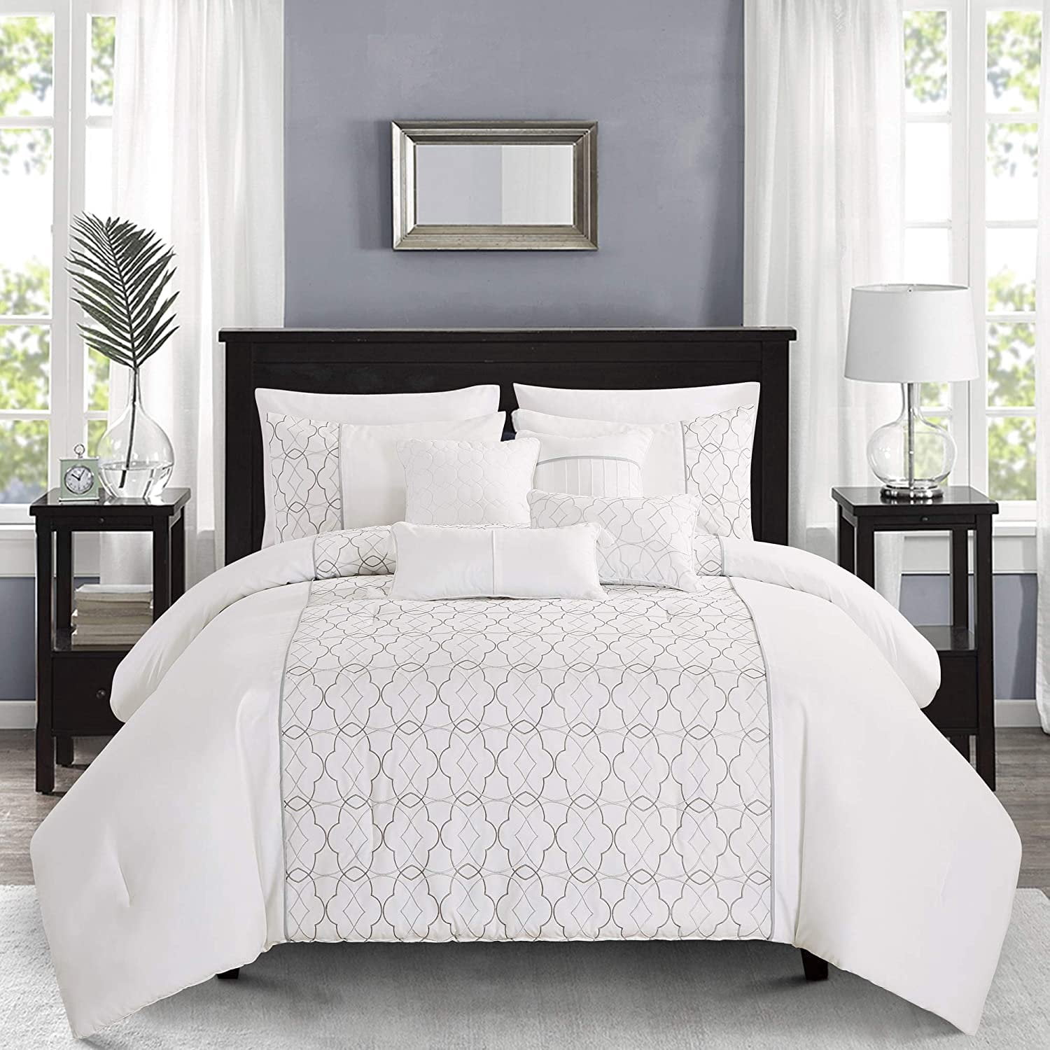 Sapphire Home Luxury 7 Piece Full\/Queen Comforter Set with Shams and Cushions, Classy Embroidery 