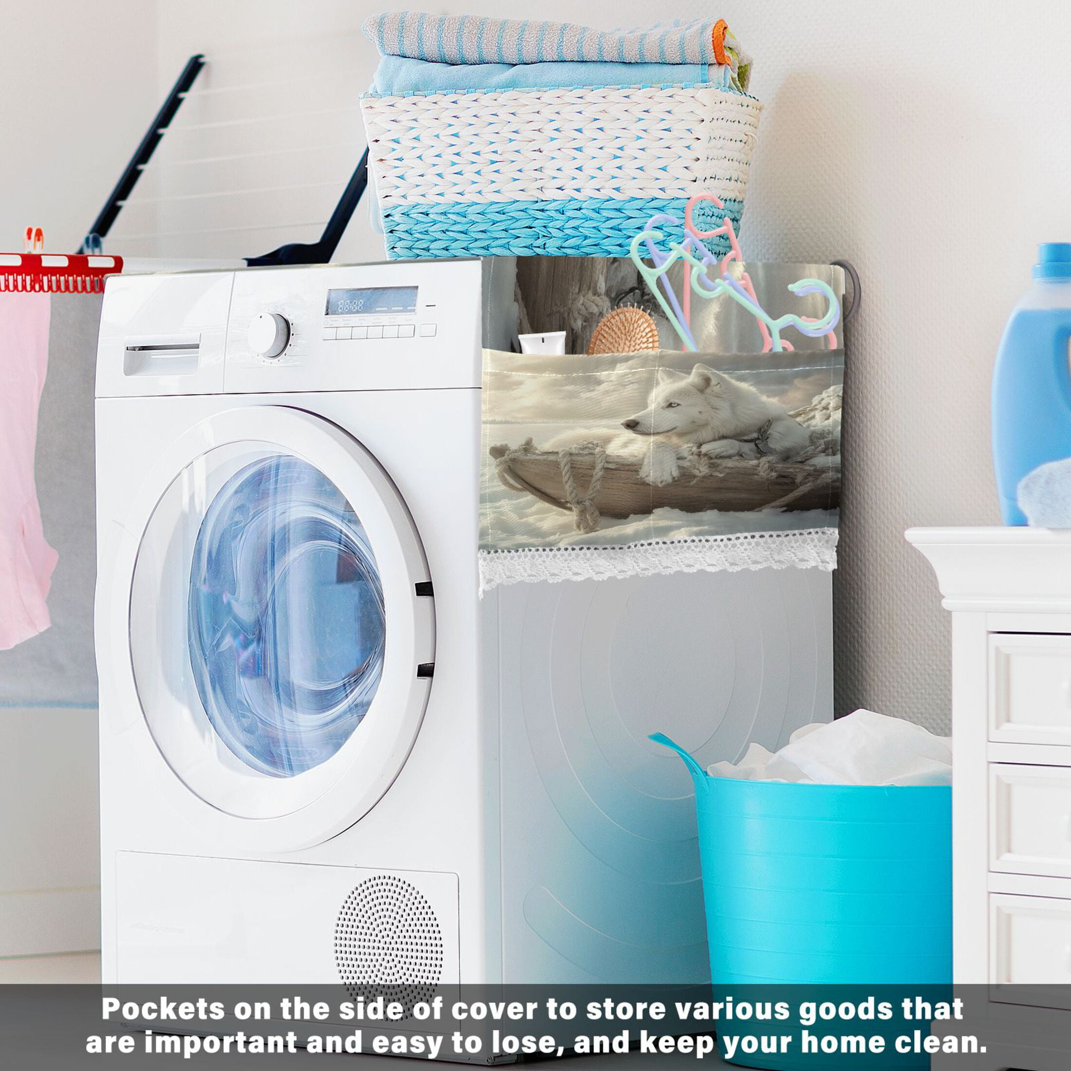White Alaskan DogWasher and Dryer Covers Dust-Proof and Oil Resistant Fridge Cover with 4 Storage Pockets Washing Machine Top Cover for Laundry Kitchen Home 51.2 x 22 In