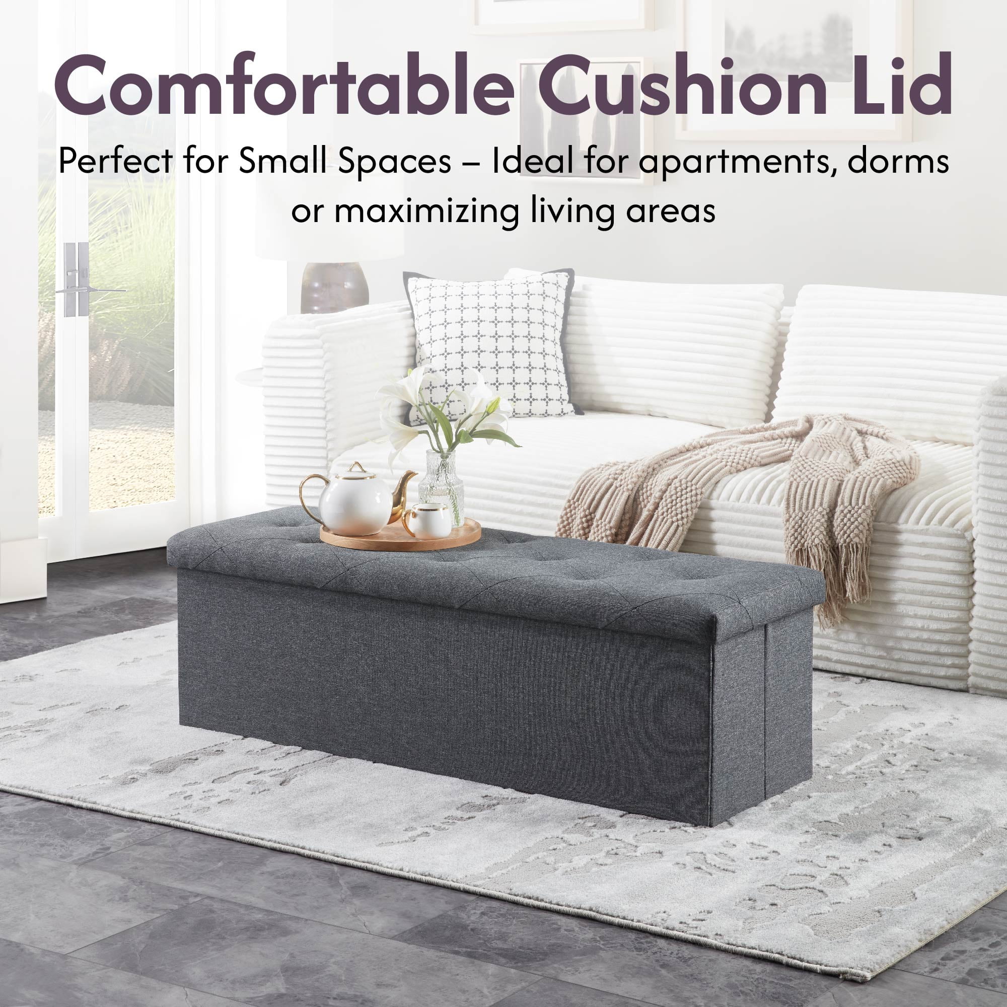 MAYEERTY 47" Folding Storage Ottoman Bench, Upholstered Chest with Lid, Gray